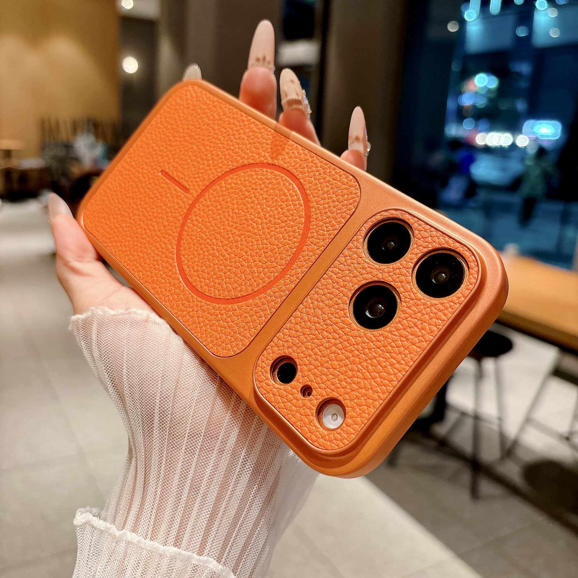 Compatible with iPhone 17 Pro Max, Lychee Pattern Magnetic Phone Case, Apple 16 Full Coverage Lens Drop Protection Case 13