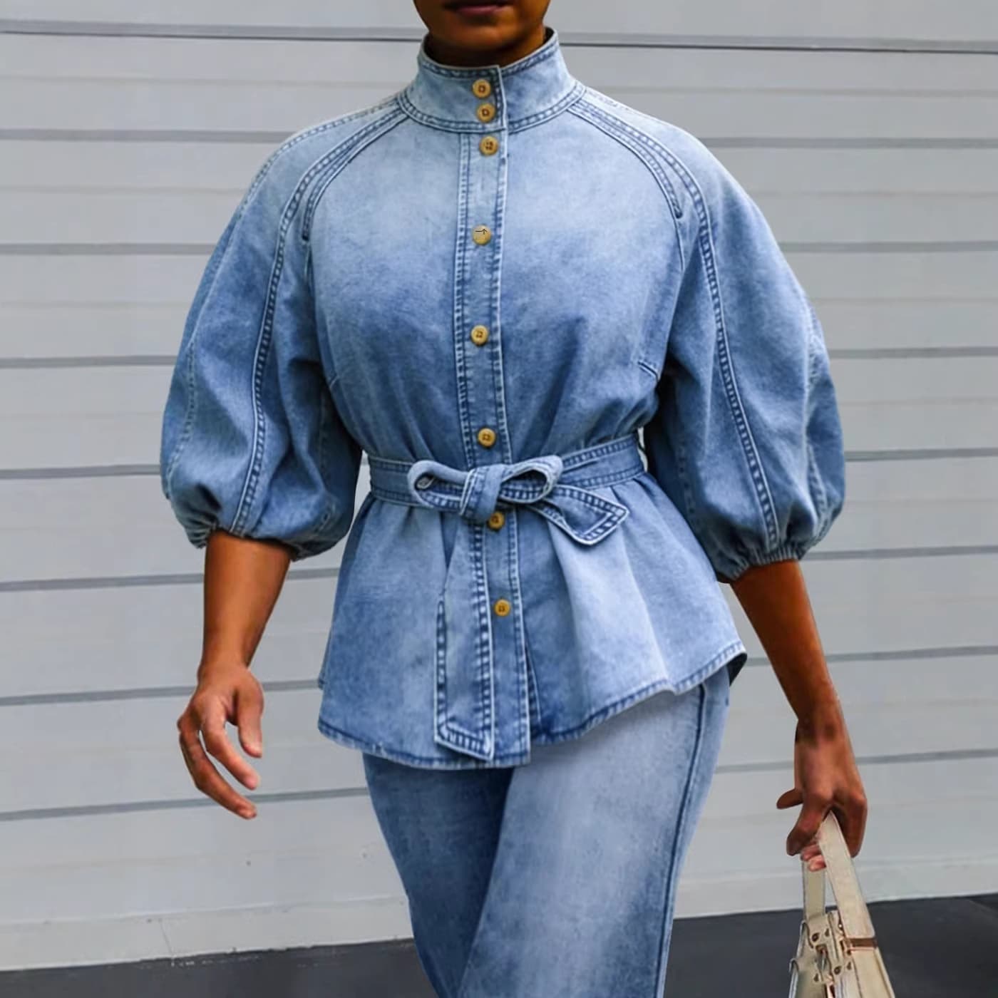 Lightweight Loose Women's Denim Summer Shirt Butterfly Knot Elegant Bubble Sleeve Semi High Collar Versatile Casual Chic