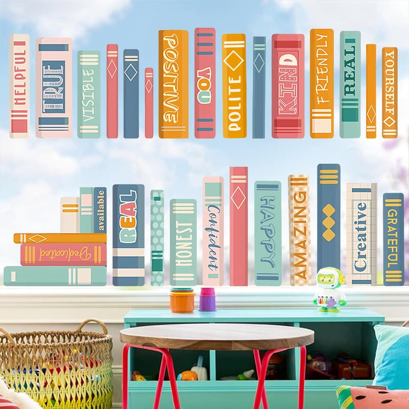 New Classroom Window Decal Stickers for Back-to-School Season, PVC Static Cling Book Design, Bohemian Bookstore Window Stickers, Self-Adhesive