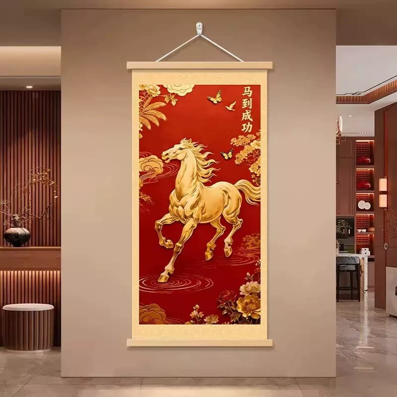 2026 Chinese Style Horse to Success Decorative Painting Living Room Bedroom Hanging Painting Red Plum Blossom Golden Horse Cloth Scroll Painting