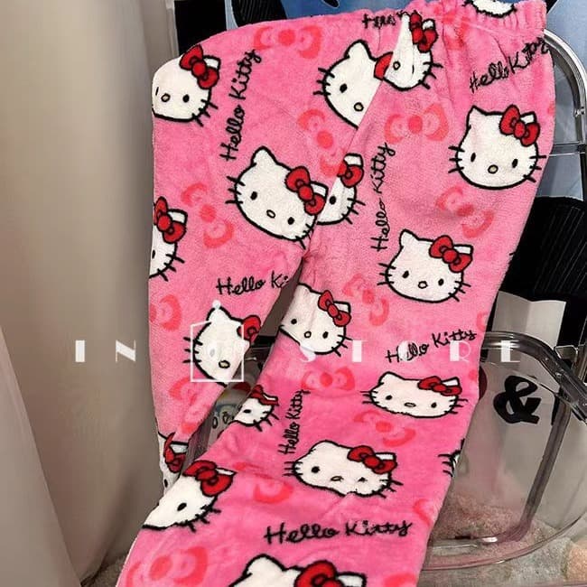 Cartoon Hello Kitty Printed Sleep Pants, Thick Women's Coral Fleece Autumn/Winter Home Leisure Flannel Sleep Pants, Wear-Out Style