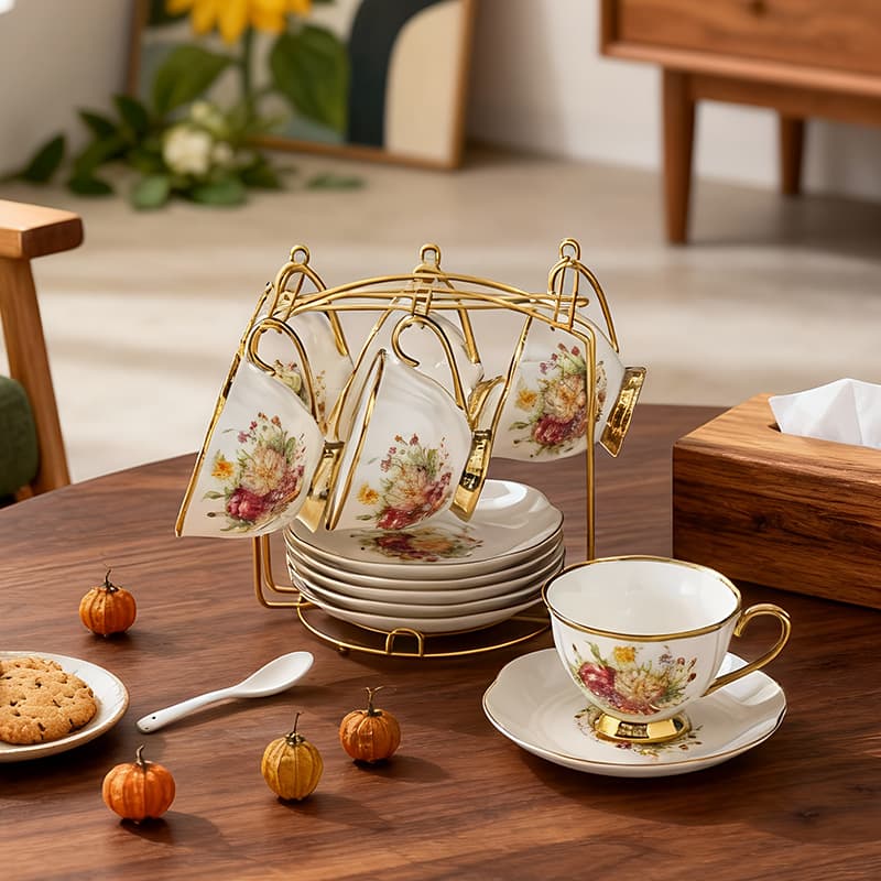 Light Luxury European Coffee Cup and Saucer Set, Ceramic Afternoon Tea Cup, Floral Cup, Breakfast Cup and Saucer, English Series Water Cup