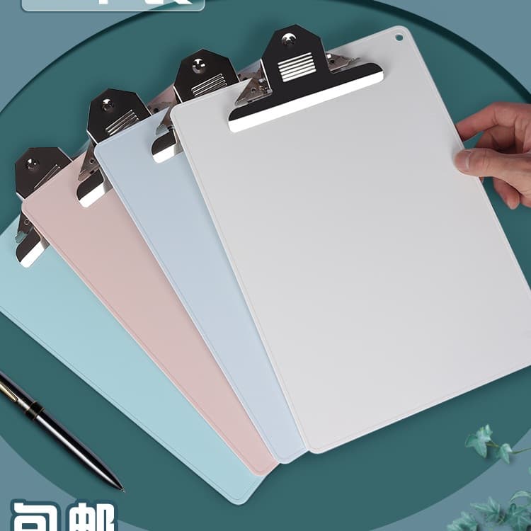 4-document file boards for students and office use, meeting note writing pads, 5-point menu board clips with butterfly clips.