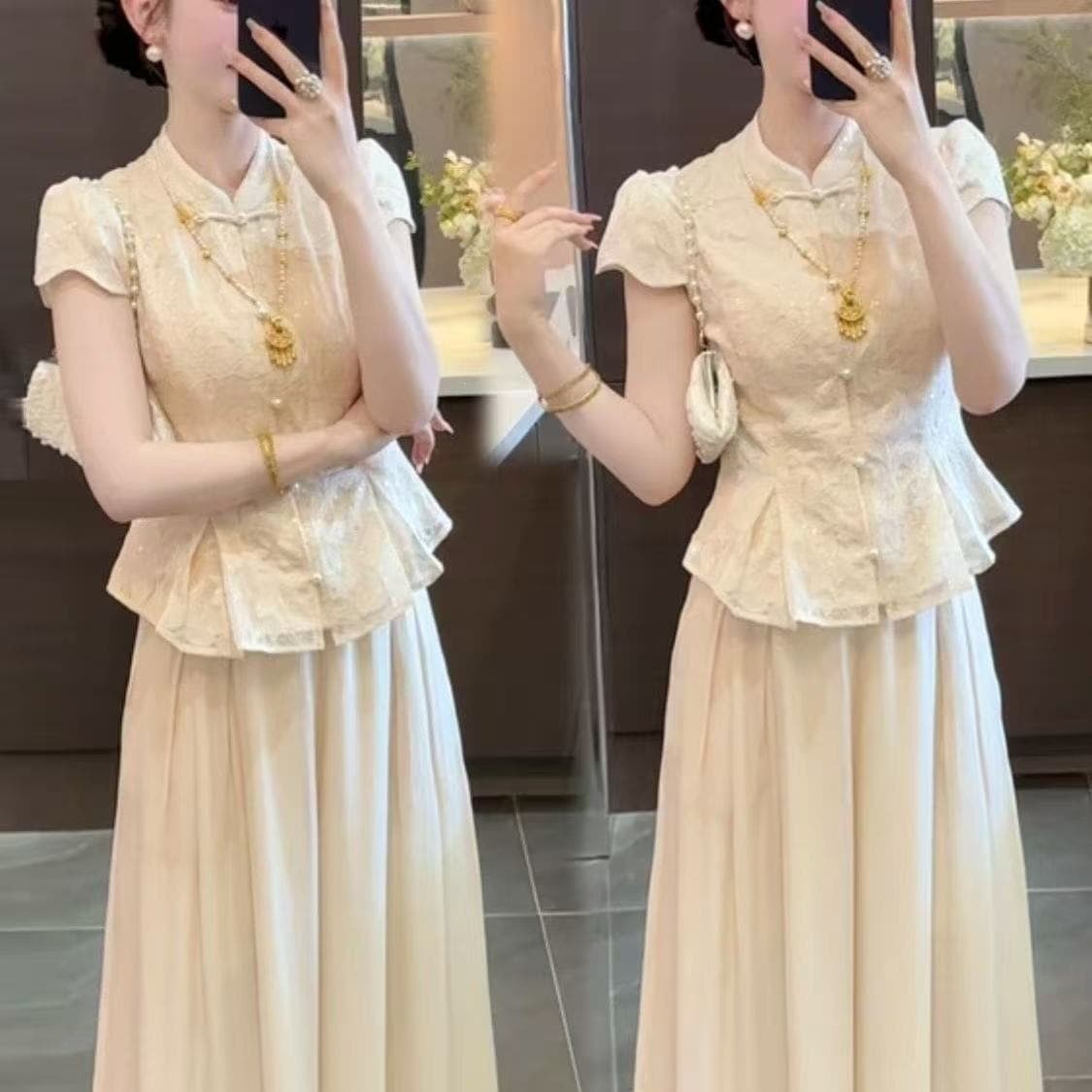New Chinese-style button-down waisted short-sleeved top + high-waisted slimming trousers set with gentle Zen style to cover the flesh and make you look slimmer