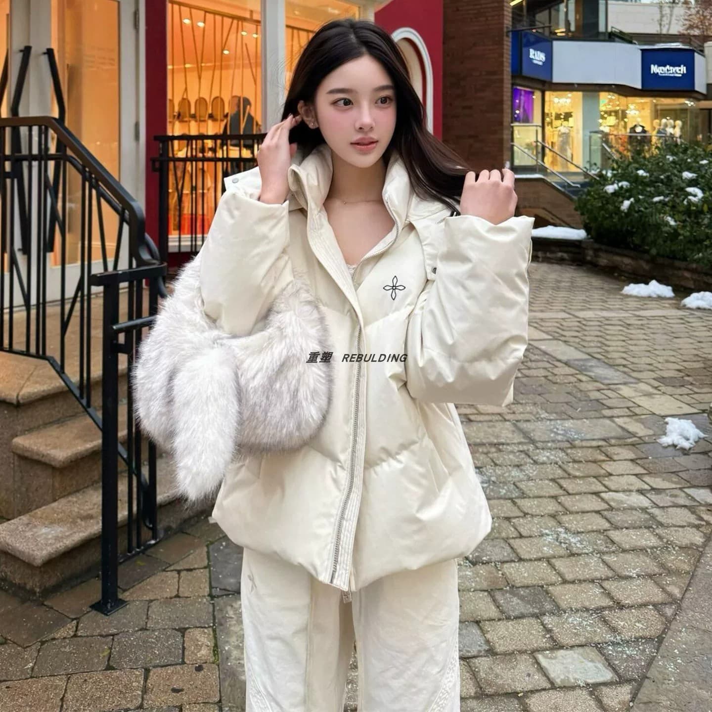 Smfk Cross Statue Wilderness Hunting Loose Down Jacket Versatile White Duck Down Waterproof Hooded Thick Coat Winter