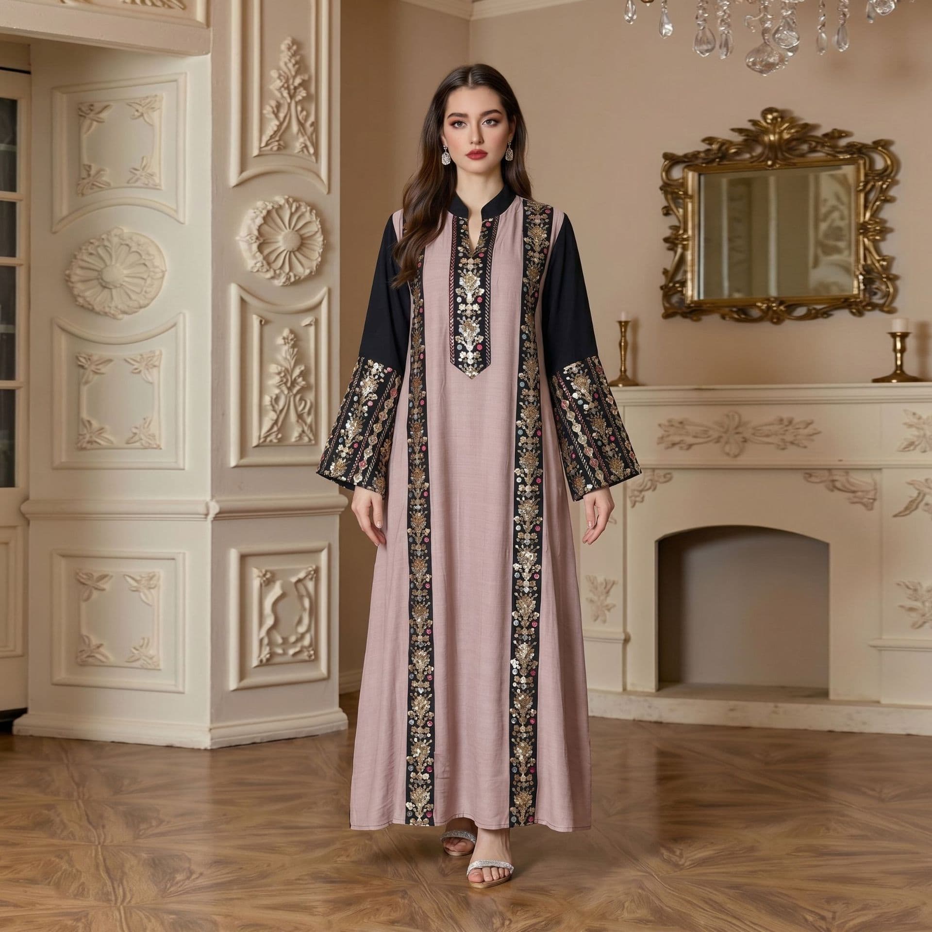 Cross-border Hot-selling Embroidered Robe in Stock, Export Malaysian Garment Robe, Party Women's Dress with Flared Skirt