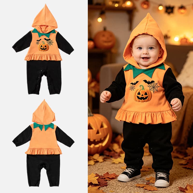 Cross-border Halloween Festival Element Baby & Toddler Party Costume Hooded Long-sleeve Jumpsuit Pumpkin Shape Outfit