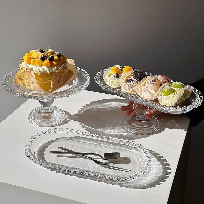 Korean Heart-Shaped Rim Glass Fruit Plate Series, Home High-Foot Transparent Dessert Plate, Cake Dish, Salad Plate