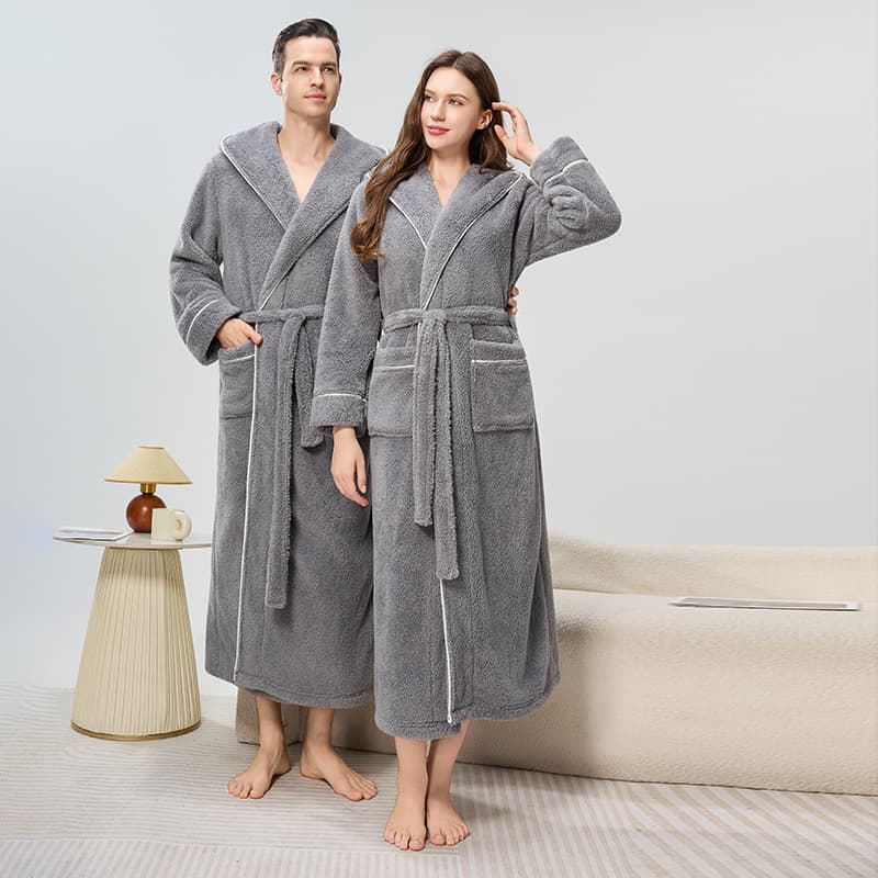 Cross-Border Popular Bathrobe, Comfortable Velvet Couple Nightgown, Autumn and Winter Thickened Hooded Robe, Warm Nightgown for Men and Women