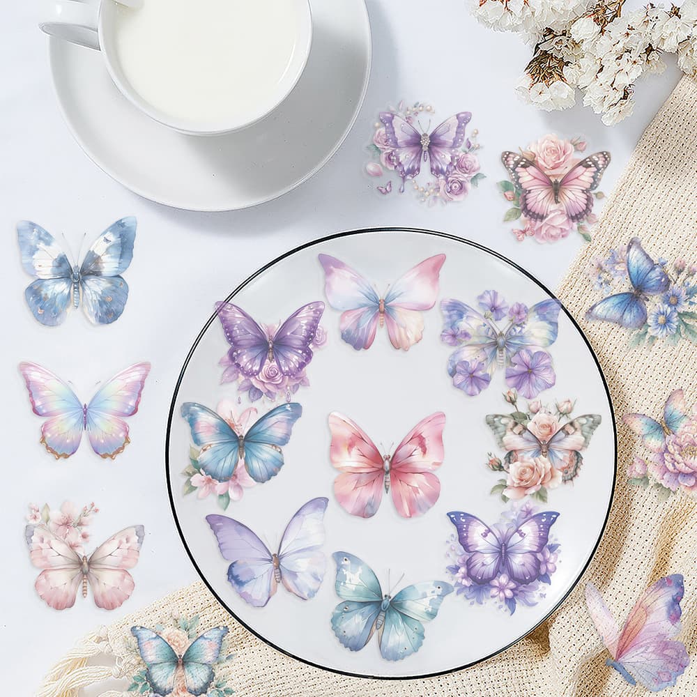 50-Piece INS Colorful Butterfly Sticker Pack, Waterproof Transparent PET Scrapbooking Butterfly Decals for Guitar and Notebook Decoration