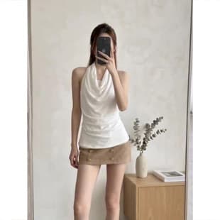 Korean Style White Halter V-Neck Vest Top High-Waist Skirt Two-Piece Set Women Summer Atmosphere Outfit Set
