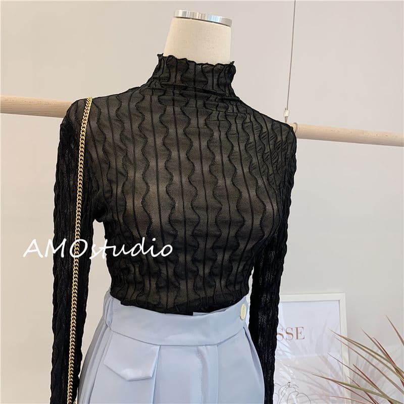 European Style High Neck Mesh Base Layer Top Women Long Sleeve 2026 Spring Autumn Thin Versatile Transparent Lace Fashionable Inner Wear