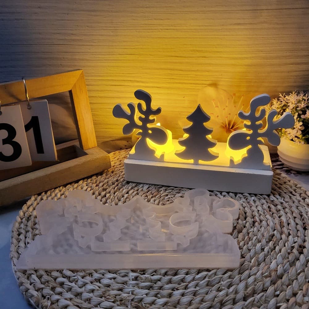 S0689R Two Elk Christmas Tree Plug-In Decorative Cement Plaster Mold DIY Silicone Mold