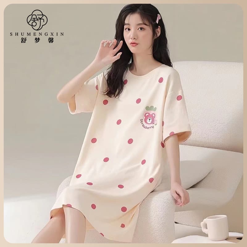 Women's Summer Korean Style Pajamas Short-Sleeve Nightgown Loose Fit Student Homewear Cartoon Print