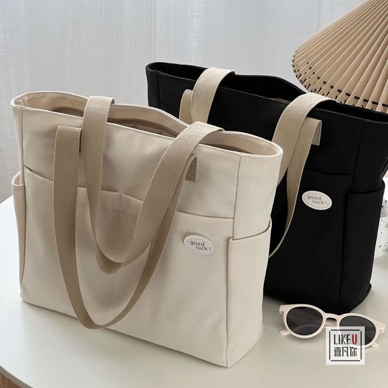 Original Design Japanese Style Zipper Commuter Thickened Canvas Tote Bag Casual Artistic Student Simple Shoulder Handbag
