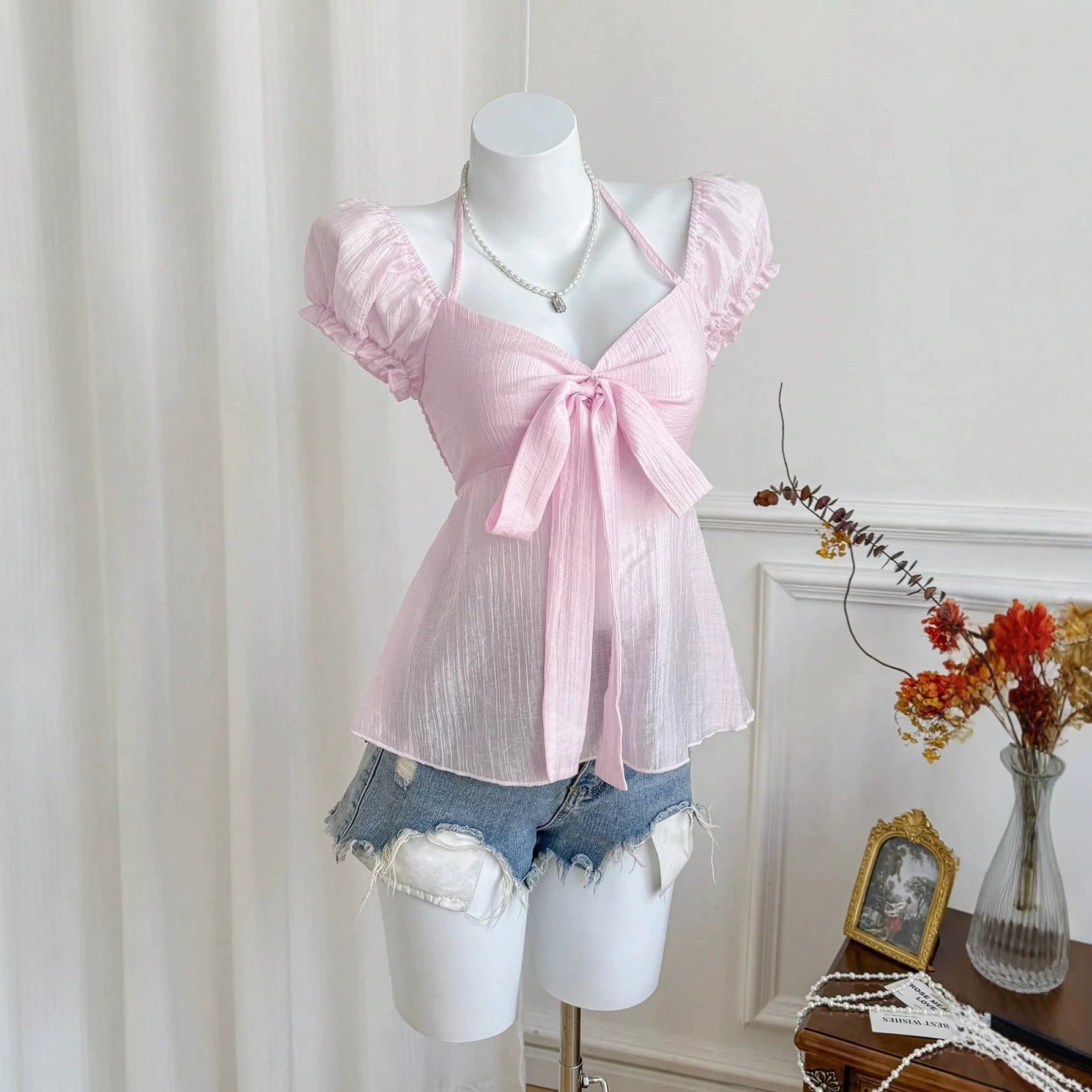 Y2K Women's Puff Sleeve Waist-Cinching Babydoll Top, European and American Cross-Border Summer Sweetheart Halter Off-Shoulder Slimming Pink Bow