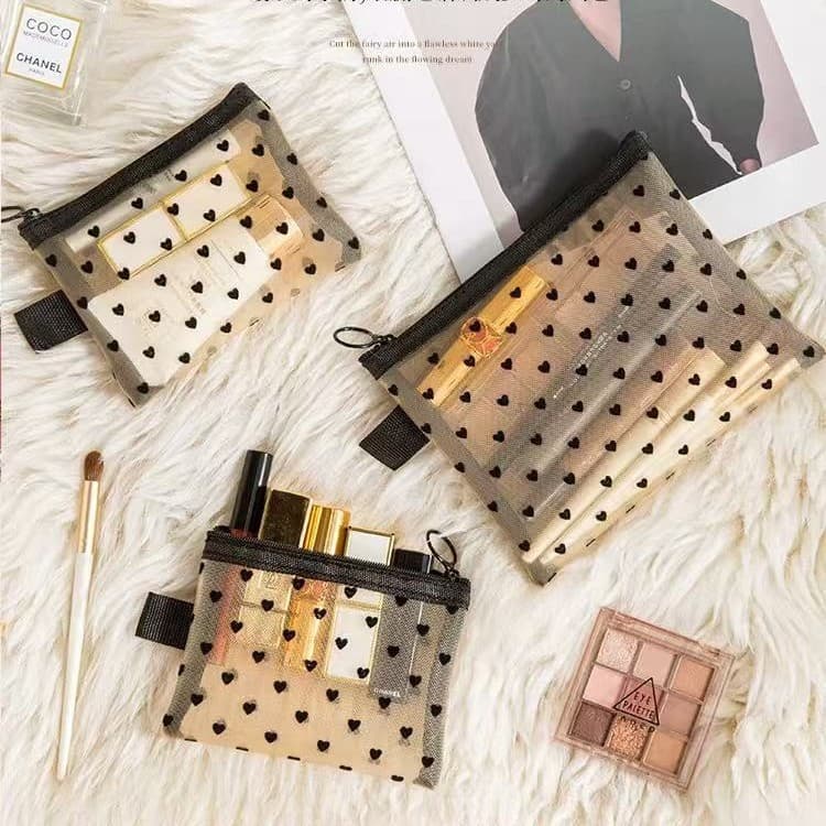 New Flocked Heart Mesh Cosmetic Bag, Portable Makeup Storage Bag, Simple Mesh Cosmetic Bag, High Appearance