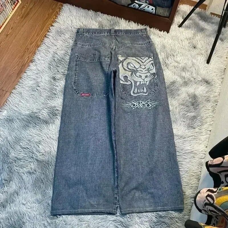 Cross-border E-commerce Loose Fit Jeans for Men, Vintage Print Gothic Streetwear, Harajuku Casual Pants