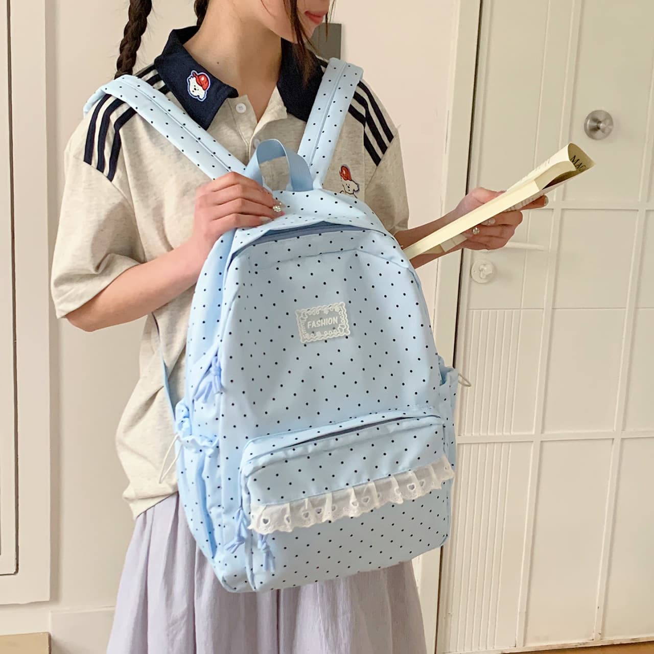 Korean style ins polka dot backpack for female students, high-looking and cute school bag, large capacity, lightweight travel backpack for girls