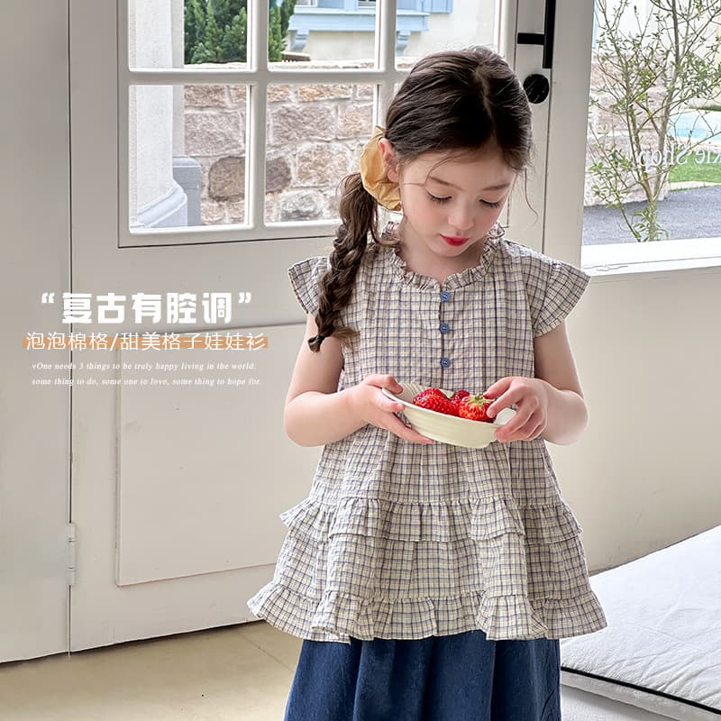Aimobabe Girls Baby Summer Sweet Lace Collar Layered Gingham Doll Shirt with Flutter Sleeves