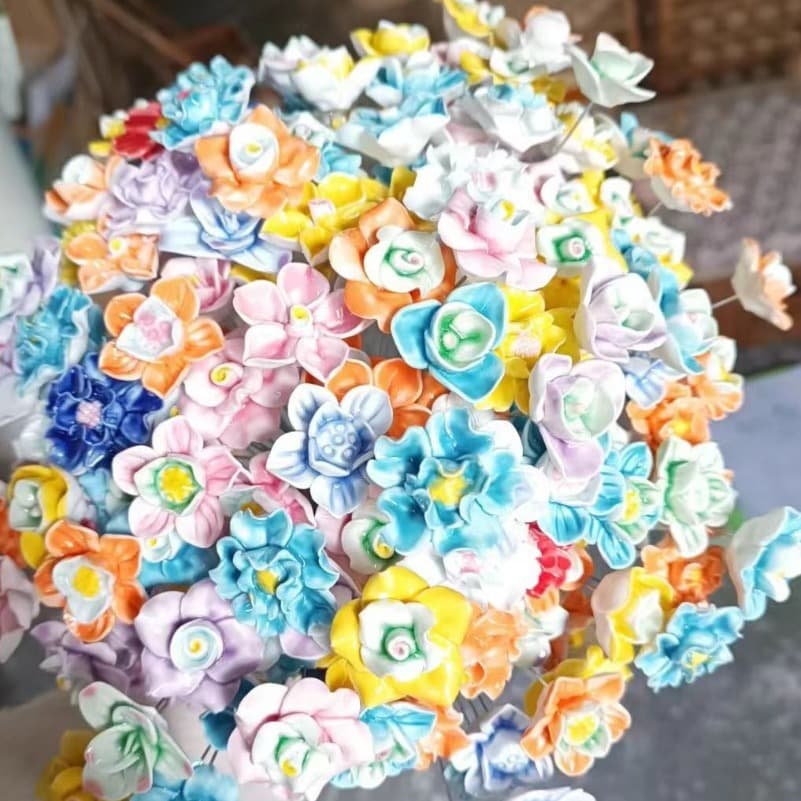 Jingdezhen Ceramic Artificial Flowers, Wire Flower Bouquet DIY Decor, Hand-Pinched Ceramic Flowers, Ceramic Preserved Flowers