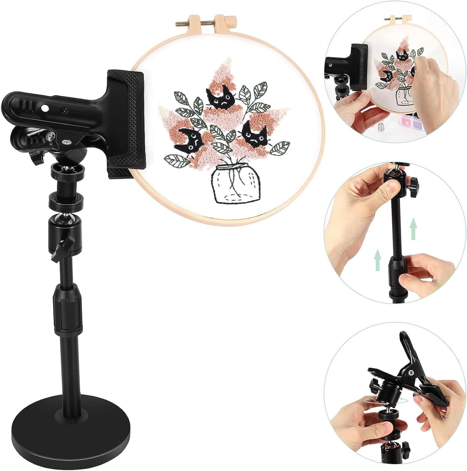 Adjustable metal embroidery hoop frame for cross-stitch and embroidery desktop mounting