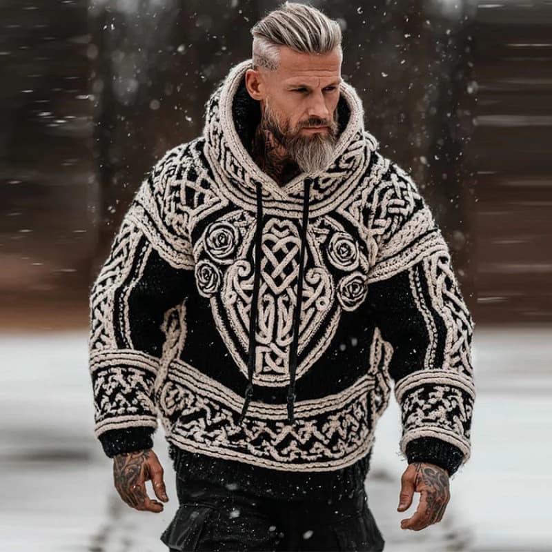 European and American loose-fit oversized 3D printed hooded knit sweatshirt for men, 3D with pockets, casual pullover hoodie