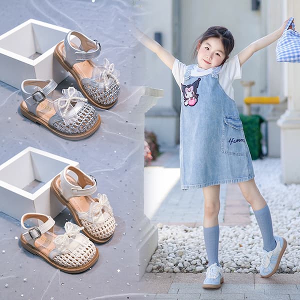 Fanka Hao Girls Lace Bow Woven Hollow Sandals 2026 Summer New Children's Closed-Toe Beach Shoes Fashion