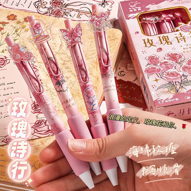 Four pack of acrylic patch pens cute rose girl press pen gel pen student black pen quick drying