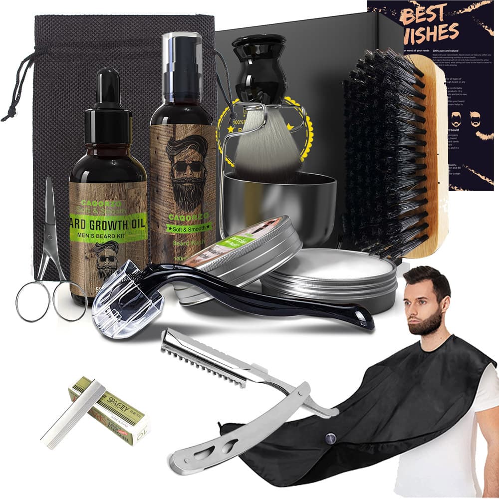 Men's Beard Care Kit Beard Brush Soap Bowl Holder Roller Scissors Shampoo Growth Liquid Balm Foam Brush