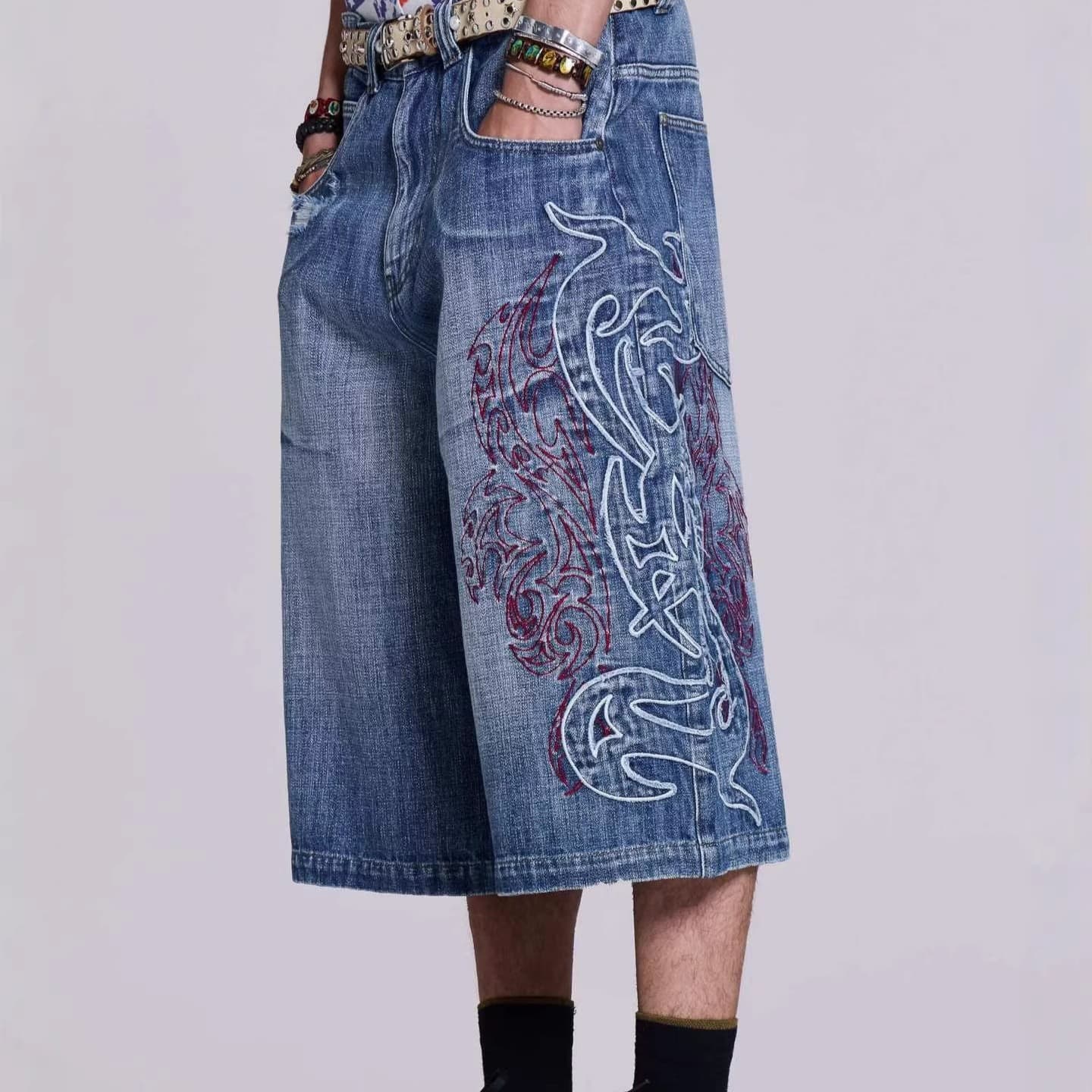 Jeded Londen American Y2K Pattern Embroidered Denim Shorts Loose Straight Jorts