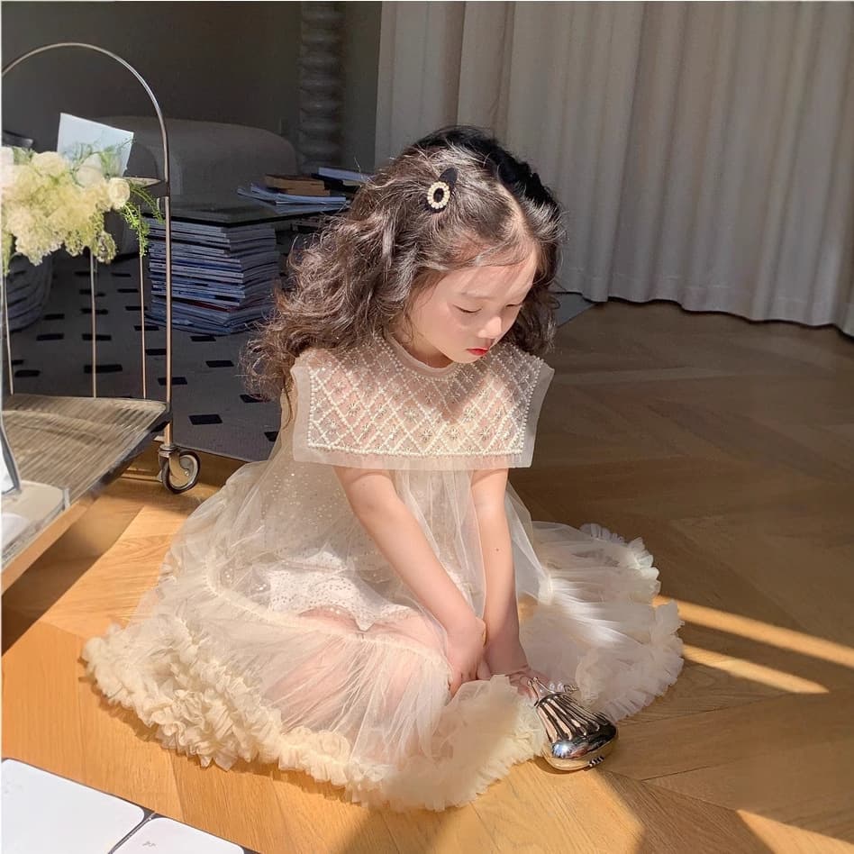 2025 Girls Summer Sequined Pearl Collar Dress Tulle Princess Dress Apricot Cake Skirt A-Line Short Skirt