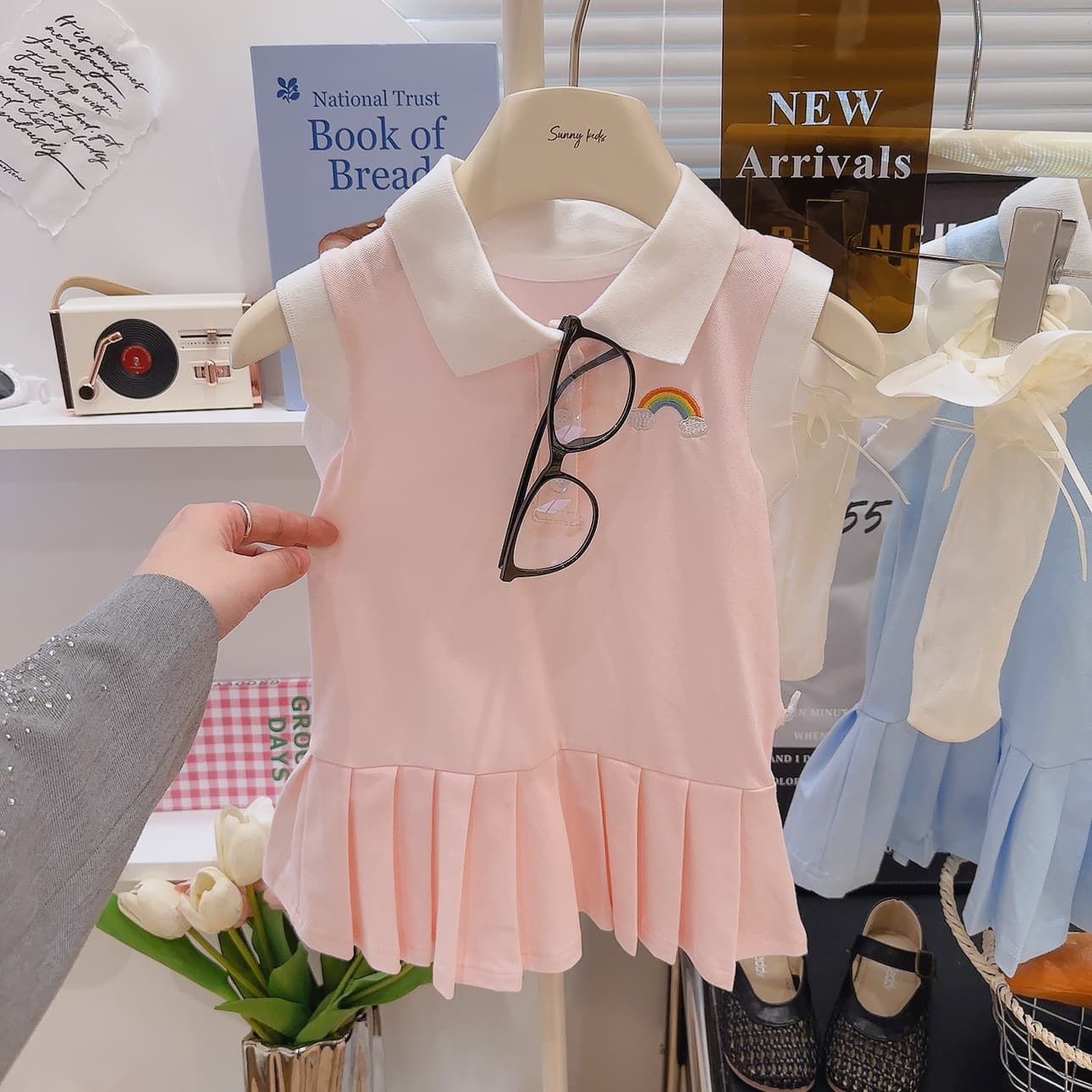 Girls' Preppy Dress Casual Polo Collar Pleated Skirt Princess Dress Vest Dress Girls' Dress