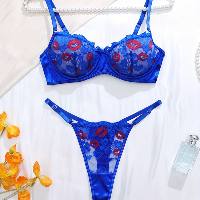 American-style red lip print bra set, sexy hollow-out see-through panties, blue seductive push-up lingerie