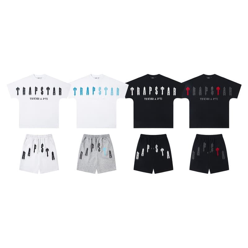 Trapstar Batwing Sleeve Heavyweight 3D Letter Logo Embroidered Dual-Yarn Pure Cotton Short Sleeve T-Shirt and Shorts Set