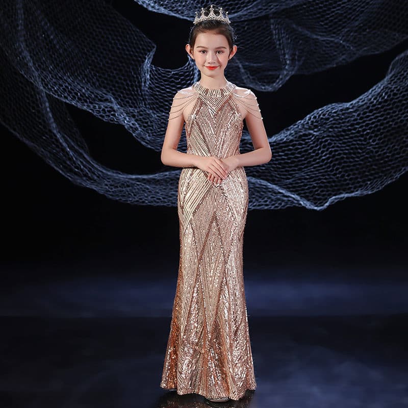 Children's Sequin Evening Gown 2026 New Spring Light Luxury Mermaid Dress for Girls Model Catwalk Piano Performance Costume