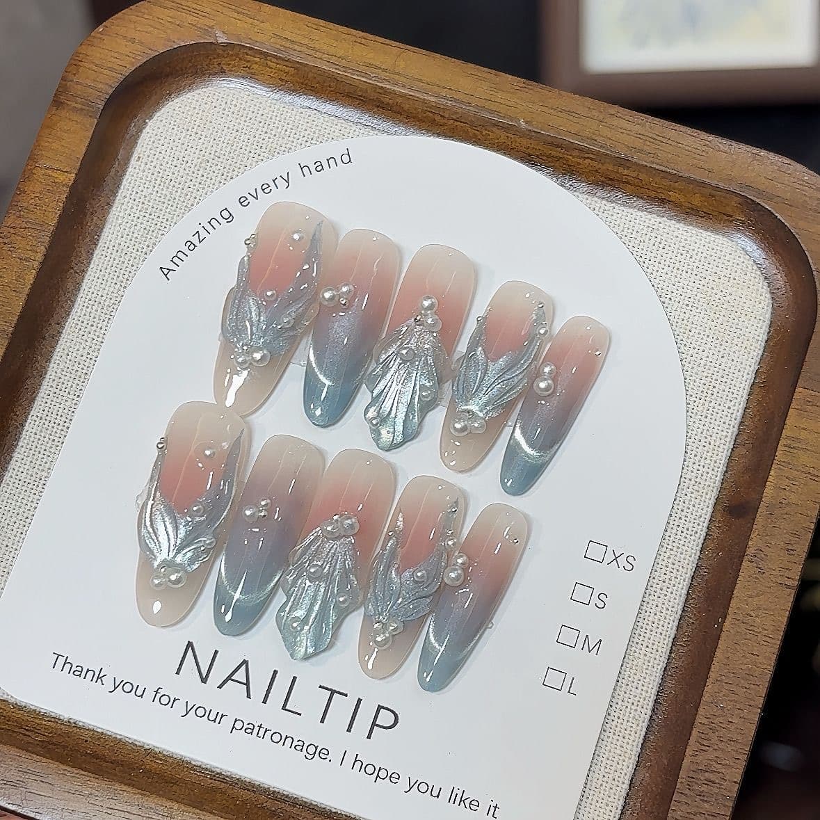 Handmade [Dreamy Mermaid] Cat Eye 3D Shell Pattern Dreamy Atmosphere Blue Long Whitening Press-On Nails