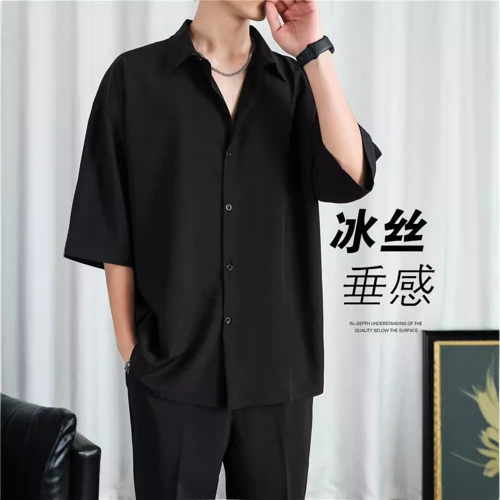 Men's Black Short-Sleeved Summer Shirt, Loose Fit, Premium, Wrinkle-Free, Lightweight, Mid-Sleeve White Shirt for Men, Trendy