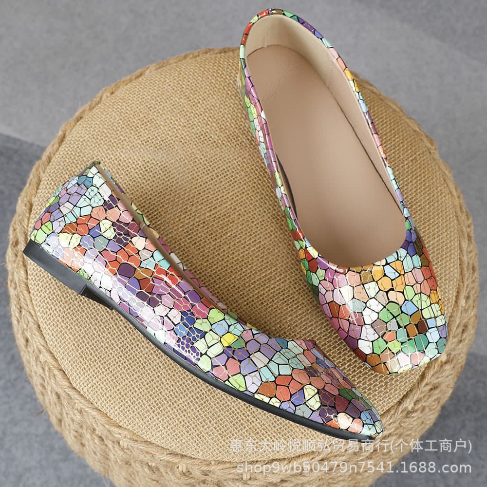 Women's Shallow-Mouth Single Shoes with Colorful Fragments, Square Round Toe, Flat Low Heel, Foreign Trade Cross-Border Casual Commuting Women's Shoes Wholesale