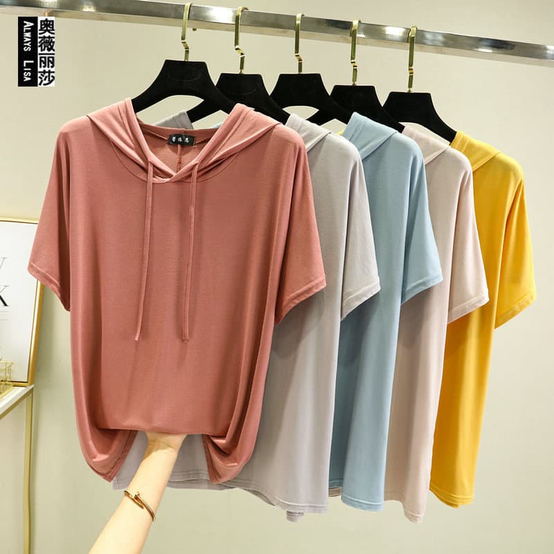 Thin Modal Hooded Short-Sleeve T-Shirt for Women Summer Loose Plus Size Stylish Top Versatile Korean-Style Base Layer