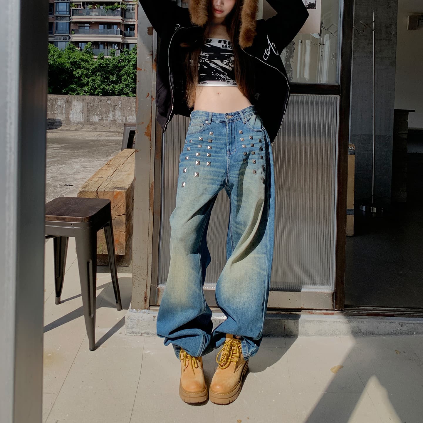 LISHE #Spring/Summer New Arrival | Niche Korean Style | Cortis Street Trendy Item | Y2K Stud Button Jeans