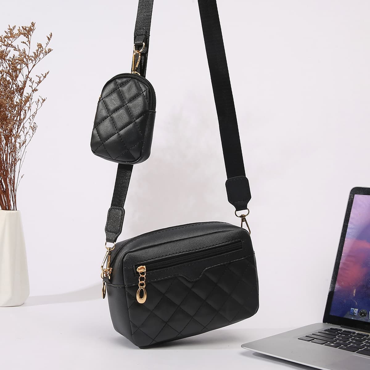 New diamond shoulder bag cross-border foreign trade large capacity small bag women's shoulder bag camera bag 2-piece set with small bag