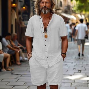 Cross-border European and American Amazon New Men's Cotton Linen Short Sleeve Shirt Loose Undershirt Solid Color Shorts Shirt Two-Piece Set