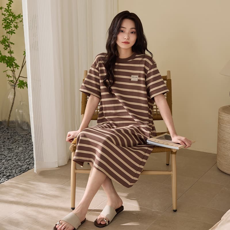 New Women's Nightgown Summer Loose Plus Size Striped Mid-Length Short Sleeve Casual Loungewear Sleepwear Wearable Outside