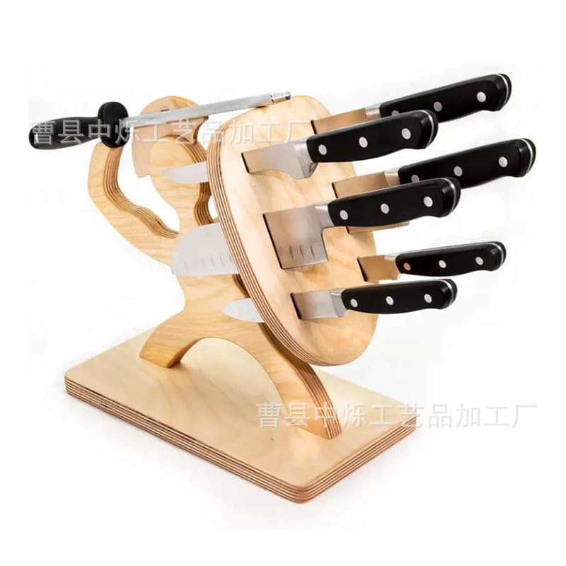 Creative Bamboo Knife Holder Little Man Shield Kitchen Countertop Chef Knife Fruit Knife Organizer Storage Base Multi-Slot Wood Knife Rack