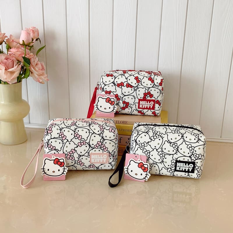 HelloKitty Officially Licensed Color-Blocking Handheld Cosmetic Bag Large Capacity Toiletry Bag Handbag for Women
