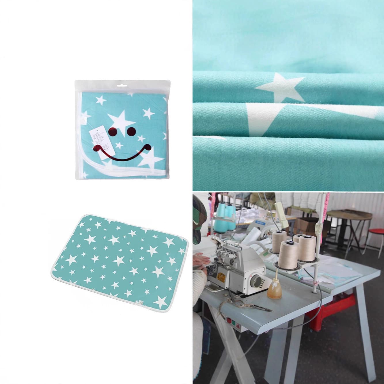 Baby changing pads, absorbent towels, bibs, training pants, and other cotton baby products in various sizes and styles are available.