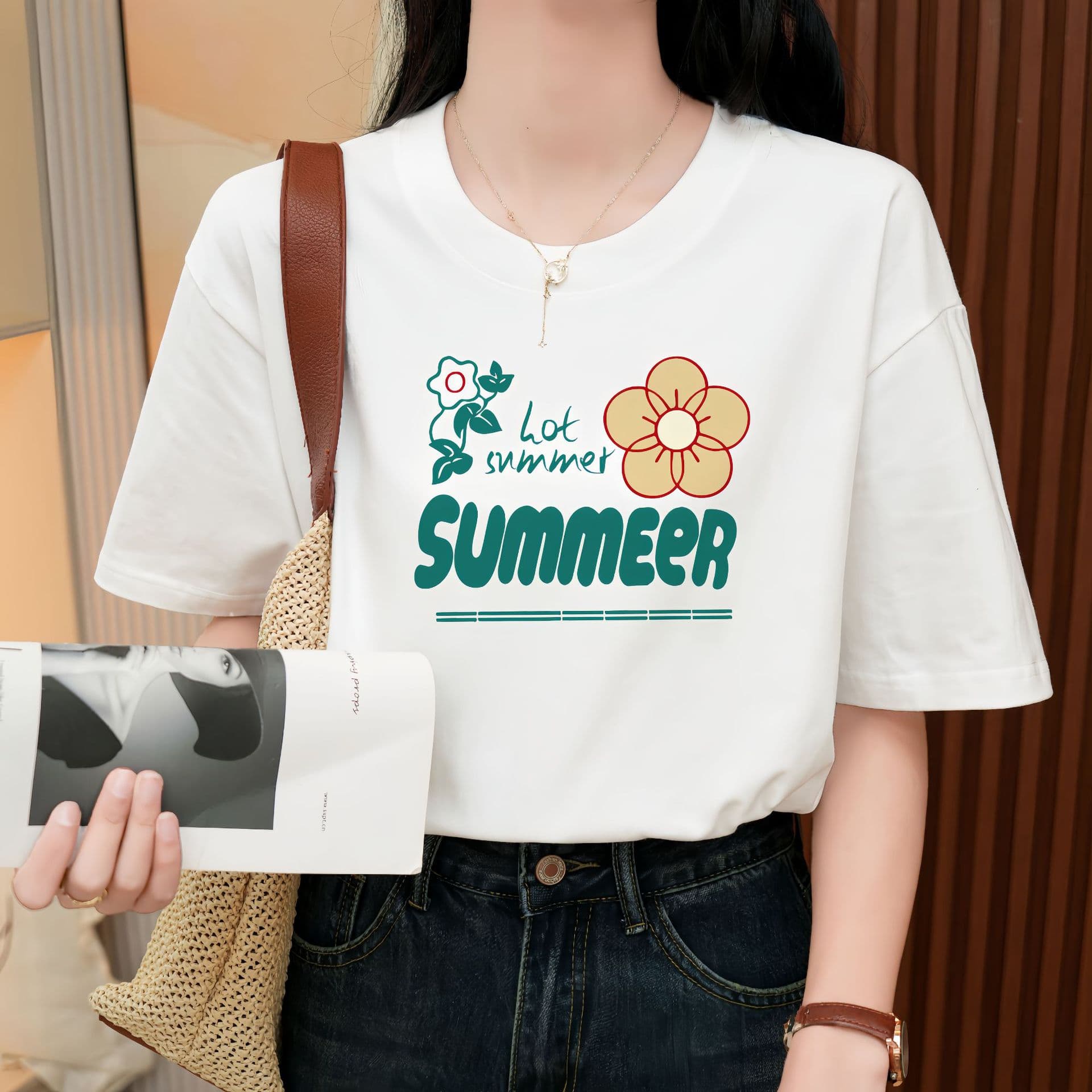 Summer Heavyweight Loose Short-Sleeve T-Shirt, Women's Front-Shoulder Printed Body Shirt, INS Trendy Versatile Top, Base Layer