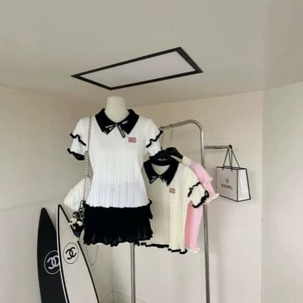 2026 Spring/Summer New Style Elegant Color-Block Doll Collar Hollow Out Ruffle Letter Embroidery Short Sleeve Pullover Knit Sweater