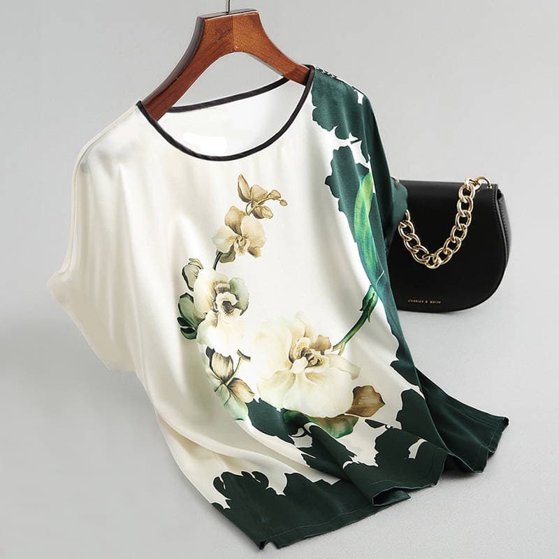 High-quality ice silk fabric positioned print T-shirt for women, 2025 summer plus-size mom's top round-neck base layer
